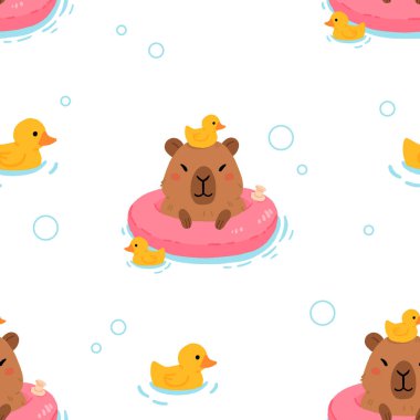 Yumuşak kapibaralı, plastik ördekli şişme bir yüzüğün üzerinde yüzen şirin minimalist vektör karikatürü. Eğlenceli, kusursuz bir yaz.