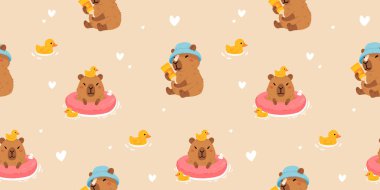 Tatlı yaz kapibaraları ve çeşitli pozlar ve nesnelerle kusursuz desen. El çizimi düz çizgi film tarzı. Tasarım için sezonluk tatil şablonu, çocuk koleksiyonu