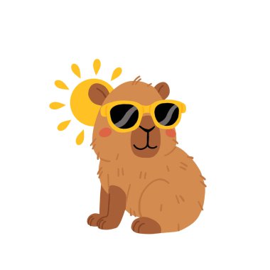 Yaz güneşinin altında plajda dinlenen sevimli Capybara çizgi filmi. Yaz temalı tasarımlar, tatil grafikleri ve çocuk çizimleri için mükemmel..