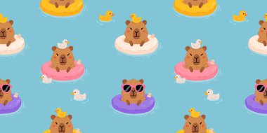 Yumuşak kapibaralı, plastik ördekli şişme bir yüzüğün üzerinde yüzen şirin minimalist vektör karikatürü. Eğlenceli, kusursuz bir yaz.