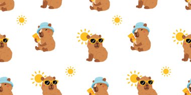 Tatlı yaz kapibaraları ve çeşitli pozlar ve nesnelerle kusursuz desen. El çizimi düz çizgi film tarzı. Tasarım için sezonluk tatil şablonu, çocuk koleksiyonu