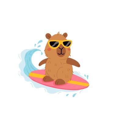 Çeşitli pozlar ve malzemelerle şirin yaz kapibaraları seti. El çizimi düz çizgi film tarzı. Tasarım için sezonluk tatil şablonu, çocuk koleksiyonu