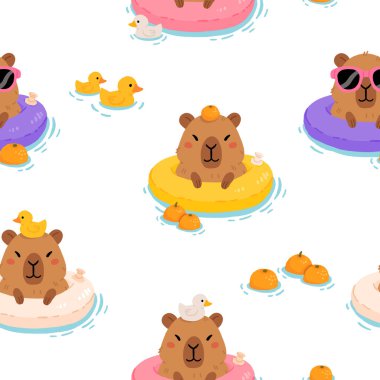 Yumuşak kapibaralı, plastik ördekli şişme bir yüzüğün üzerinde yüzen şirin minimalist vektör karikatürü. Eğlenceli, kusursuz bir yaz.