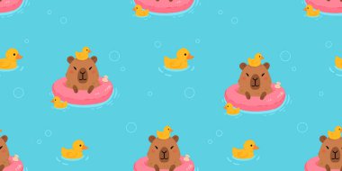 Yumuşak kapibaralı, plastik ördekli şişme bir yüzüğün üzerinde yüzen şirin minimalist vektör karikatürü. Eğlenceli, kusursuz bir yaz.