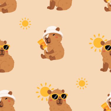 Tatlı yaz kapibaraları ve çeşitli pozlar ve nesnelerle kusursuz desen. El çizimi düz çizgi film tarzı. Tasarım için sezonluk tatil şablonu, çocuk koleksiyonu