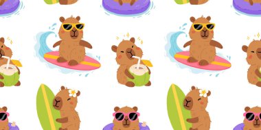 Tatlı yaz kapibaraları ve çeşitli pozlar ve nesnelerle kusursuz desen. El çizimi düz çizgi film tarzı. Tasarım için sezonluk tatil şablonu, çocuk koleksiyonu