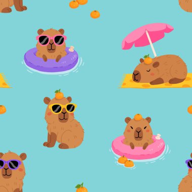 Portakallı şişirilebilir bir yüzükte yüzen, güneşlenen, şemsiye altında uyuyan rahat kapibaralı şirin bir vektör karikatürü. Eğlenceli, kusursuz bir yaz.