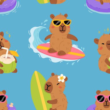 Tatlı yaz kapibaraları ve çeşitli pozlar ve nesnelerle kusursuz desen. El çizimi düz çizgi film tarzı. Tasarım için sezonluk tatil şablonu, çocuk koleksiyonu