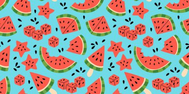 Pembe karpuz ve karpuz dilimleriyle kusursuz desen. Mavi arka planda elle çizilmiş karpuz deseni. Kumaş, çizim etiketleri, baskılar, çocuk odasının duvar kağıdı, meyve arkaplanı