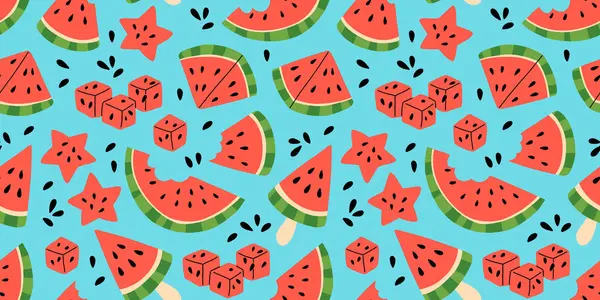 Pembe karpuz ve karpuz dilimleriyle kusursuz desen. Mavi arka planda elle çizilmiş karpuz deseni. Kumaş, çizim etiketleri, baskılar, çocuk odasının duvar kağıdı, meyve arkaplanı