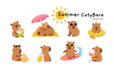 Çeşitli pozlar ve malzemelerle şirin yaz kapibaraları seti. El çizimi düz çizgi film tarzı. Tasarım için sezonluk tatil şablonu, çocuk koleksiyonu