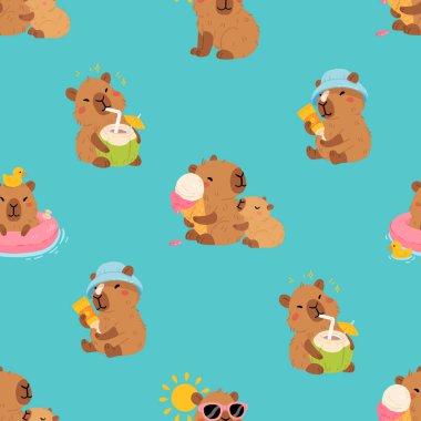 Tatlı yaz kapibaraları ve çeşitli pozlar ve nesnelerle kusursuz desen. El çizimi düz çizgi film tarzı. Tasarım için sezonluk tatil şablonu, çocuk koleksiyonu