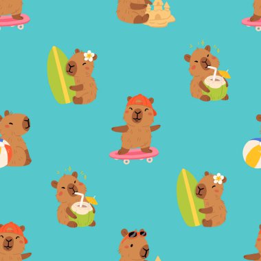 Tatlı yaz kapibaraları ve çeşitli pozlar ve nesnelerle kusursuz desen. El çizimi düz çizgi film tarzı. Tasarım için sezonluk tatil şablonu, çocuk koleksiyonu