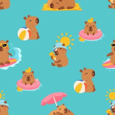 Tatlı yaz kapibaraları ve çeşitli pozlar ve nesnelerle kusursuz desen. El çizimi düz çizgi film tarzı. Tasarım için sezonluk tatil şablonu, çocuk koleksiyonu