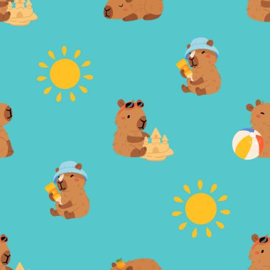 Tatlı yaz kapibaraları ve çeşitli pozlar ve nesnelerle kusursuz desen. El çizimi düz çizgi film tarzı. Tasarım için sezonluk tatil şablonu, çocuk koleksiyonu