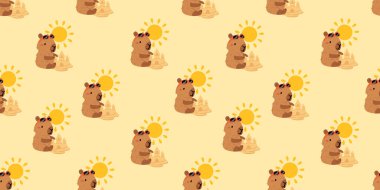 Tatlı yaz kapibaraları ve çeşitli pozlar ve nesnelerle kusursuz desen. El çizimi düz çizgi film tarzı. Tasarım için sezonluk tatil şablonu, çocuk koleksiyonu