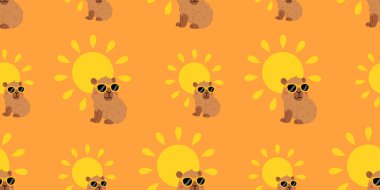 Tatlı yaz kapibaraları ve çeşitli pozlar ve nesnelerle kusursuz desen. El çizimi düz çizgi film tarzı. Tasarım için sezonluk tatil şablonu, çocuk koleksiyonu