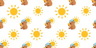 Tatlı yaz kapibaraları ve çeşitli pozlar ve nesnelerle kusursuz desen. El çizimi düz çizgi film tarzı. Tasarım için sezonluk tatil şablonu, çocuk koleksiyonu