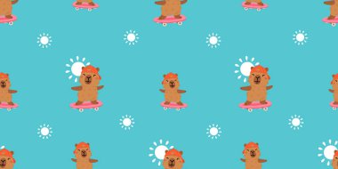 Tatlı yaz kapibaraları ve çeşitli pozlar ve nesnelerle kusursuz desen. El çizimi düz çizgi film tarzı. Tasarım için sezonluk tatil şablonu, çocuk koleksiyonu