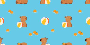 Tatlı yaz kapibaraları ve çeşitli pozlar ve nesnelerle kusursuz desen. El çizimi düz çizgi film tarzı. Tasarım için sezonluk tatil şablonu, çocuk koleksiyonu