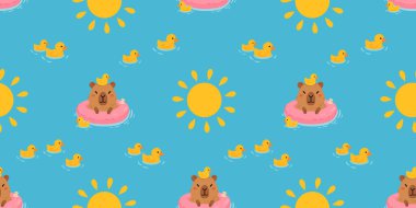 Tatlı yaz kapibaraları ve çeşitli pozlar ve nesnelerle kusursuz desen. El çizimi düz çizgi film tarzı. Tasarım için sezonluk tatil şablonu, çocuk koleksiyonu