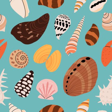 Deniz kabukları, yumuşakçalar ve deniz yıldızlarıyla kusursuz desen. Tropik deniz kabukları. Kusursuz yaz şablonu. Düz modern tarzda vektör illüstrasyonu