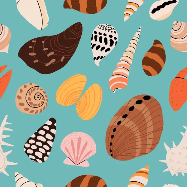 Deniz kabukları, yumuşakçalar ve deniz yıldızlarıyla kusursuz desen. Tropik deniz kabukları. Kusursuz yaz şablonu. Düz modern tarzda vektör illüstrasyonu