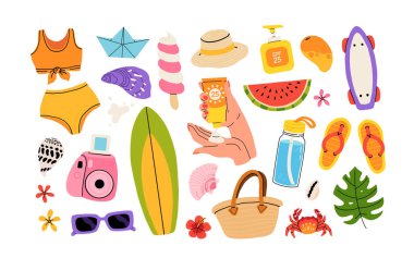Yazlık çıkartmalar. Tropik tatil için ikonlar. Dondurma, ananas, tropik yapraklar, tesisat, karpuz, sörf tahtası, plaj aksesuarları, mayolu düz vektör sezonu koleksiyonu.