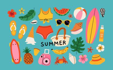 Yazlık çıkartmalar. Tropik tatil için ikonlar. Dondurma, ananas, tropik yapraklar, tesisat, karpuz, sörf tahtası, plaj aksesuarları, mayolu düz vektör sezonu koleksiyonu.