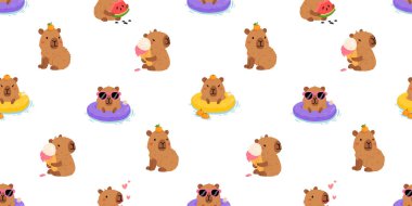 Tatlı yaz kapibaraları ve çeşitli pozlar ve nesnelerle kusursuz desen. El çizimi düz çizgi film tarzı. Tasarım için sezonluk tatil şablonu, çocuk koleksiyonu