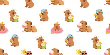 Tatlı yaz kapibaraları ve çeşitli pozlar ve nesnelerle kusursuz desen. El çizimi düz çizgi film tarzı. Tasarım için sezonluk tatil şablonu, çocuk koleksiyonu