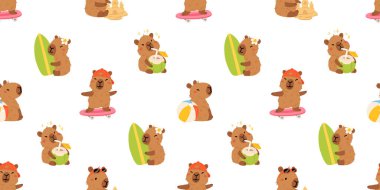 Tatlı yaz kapibaraları ve çeşitli pozlar ve nesnelerle kusursuz desen. El çizimi düz çizgi film tarzı. Tasarım için sezonluk tatil şablonu, çocuk koleksiyonu