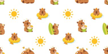 Tatlı yaz kapibaraları ve çeşitli pozlar ve nesnelerle kusursuz desen. El çizimi düz çizgi film tarzı. Tasarım için sezonluk tatil şablonu, çocuk koleksiyonu