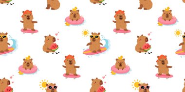 Tatlı yaz kapibaraları ve çeşitli pozlar ve nesnelerle kusursuz desen. El çizimi düz çizgi film tarzı. Tasarım için sezonluk tatil şablonu, çocuk koleksiyonu