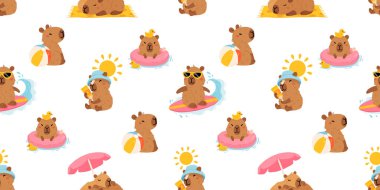 Tatlı yaz kapibaraları ve çeşitli pozlar ve nesnelerle kusursuz desen. El çizimi düz çizgi film tarzı. Tasarım için sezonluk tatil şablonu, çocuk koleksiyonu