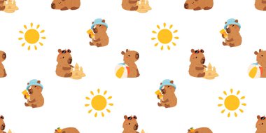 Tatlı yaz kapibaraları ve çeşitli pozlar ve nesnelerle kusursuz desen. El çizimi düz çizgi film tarzı. Tasarım için sezonluk tatil şablonu, çocuk koleksiyonu