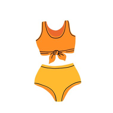 Mayo takımı. Kadın bikini mayosu, yaz mayosu, düz yüzme, sutyen, karikatür tarzı plaj iç çamaşırı. Vektör renkli mayo koleksiyonu.