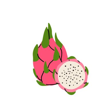 Sağlıklı yaşam tarzı için yaz tropikal meyveler. Kırmızı ejderha meyvesi, tam meyve ve yarısı. Vektör illüstrasyon çizgi film düz simgesi beyaz üzerinde izole.