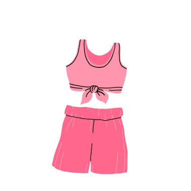 Mayo takımı. Kadın bikini mayosu, yaz mayosu, düz yüzme, sutyen, karikatür tarzı plaj iç çamaşırı. Vektör renkli mayo koleksiyonu.