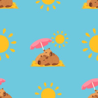 Tatlı yaz kapibaraları ve çeşitli pozlar ve nesnelerle kusursuz desen. El çizimi düz çizgi film tarzı. Tasarım için sezonluk tatil şablonu, çocuk koleksiyonu