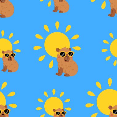 Tatlı yaz kapibaraları ve çeşitli pozlar ve nesnelerle kusursuz desen. El çizimi düz çizgi film tarzı. Tasarım için sezonluk tatil şablonu, çocuk koleksiyonu