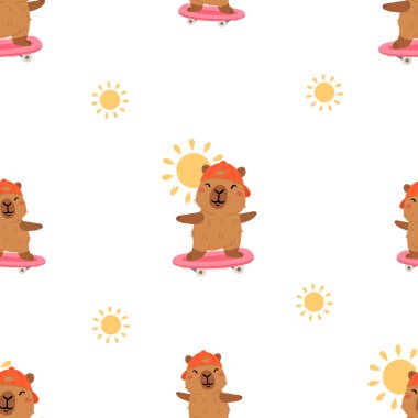 Tatlı yaz kapibaraları ve çeşitli pozlar ve nesnelerle kusursuz desen. El çizimi düz çizgi film tarzı. Tasarım için sezonluk tatil şablonu, çocuk koleksiyonu