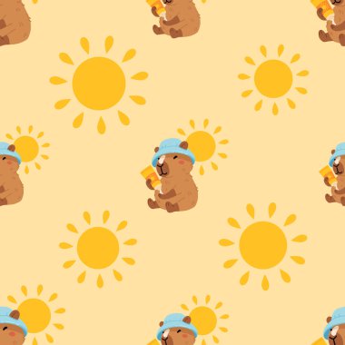 Tatlı yaz kapibaraları ve çeşitli pozlar ve nesnelerle kusursuz desen. El çizimi düz çizgi film tarzı. Tasarım için sezonluk tatil şablonu, çocuk koleksiyonu