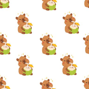 Tatlı yaz kapibaraları ve çeşitli pozlar ve nesnelerle kusursuz desen. El çizimi düz çizgi film tarzı. Tasarım için sezonluk tatil şablonu, çocuk koleksiyonu