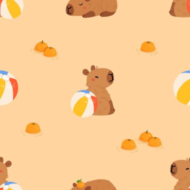 Tatlı yaz kapibaraları ve çeşitli pozlar ve nesnelerle kusursuz desen. El çizimi düz çizgi film tarzı. Tasarım için sezonluk tatil şablonu, çocuk koleksiyonu