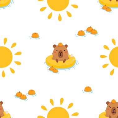 Tatlı yaz kapibaraları ve çeşitli pozlar ve nesnelerle kusursuz desen. El çizimi düz çizgi film tarzı. Tasarım için sezonluk tatil şablonu, çocuk koleksiyonu