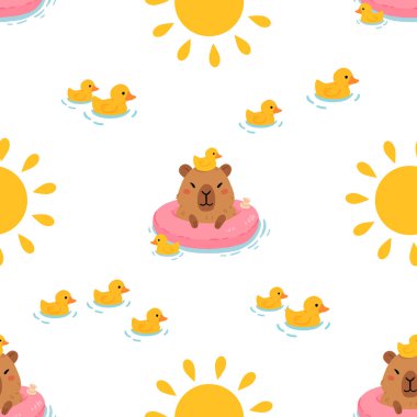 Tatlı yaz kapibaraları ve çeşitli pozlar ve nesnelerle kusursuz desen. El çizimi düz çizgi film tarzı. Tasarım için sezonluk tatil şablonu, çocuk koleksiyonu