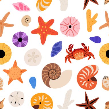 Deniz kabukları, yumuşakçalar ve deniz yıldızlarıyla kusursuz desen. Tropik deniz kabukları. Kusursuz yaz şablonu. Düz modern tarzda vektör illüstrasyonu