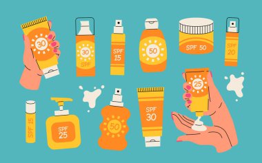 Güneş güvenlik koleksiyonu. Kremalı eller, tüpler ve güneş kremi içeren güneş kremi şişeleri: Losyon, ruj, sprey. El yapımı yaz kozmetiği. Güneş kremi, cilt koruması, cilt bakım ürünleri. Vektör