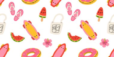 Tropikal tatil için yaz ikonlarıyla kusursuz desen. Dondurma, ananas, tropik yapraklar, tesisat, karpuz, sörf tahtası, plaj aksesuarları, mayolu düz vektör sezonu koleksiyonu.